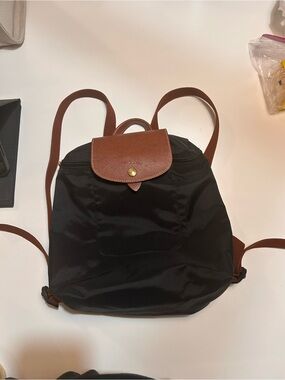 Longchamp Black Nylon Backpack with Brown Leather Flap